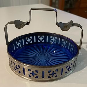 Vintage Glass Cobalt Starburst Blue Silver Metal Ashtray Tray Caddy Carrier